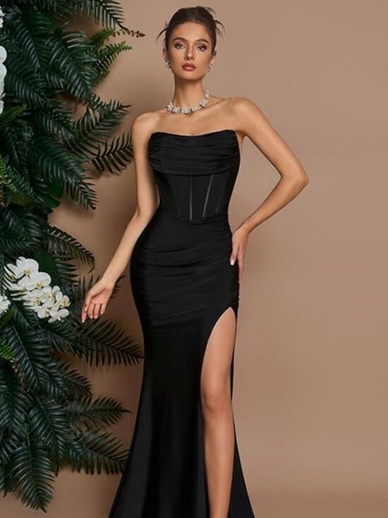 Aoshababi Dresses & Skirts - Elegant Black Strapless Slit Mermaid Evening Dress